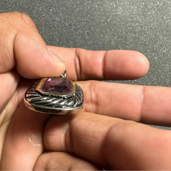 Silver Tone Purple Amethyst Like Gem Stone Rectangular Pendant Costume Jewelry - Picture 5 of 8